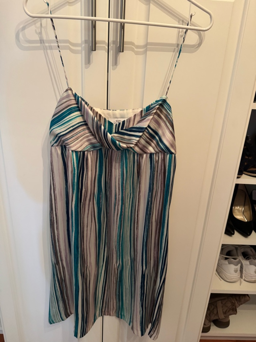 LOFT Striped Midi Dress in Teal, Navy, Gray, Cream